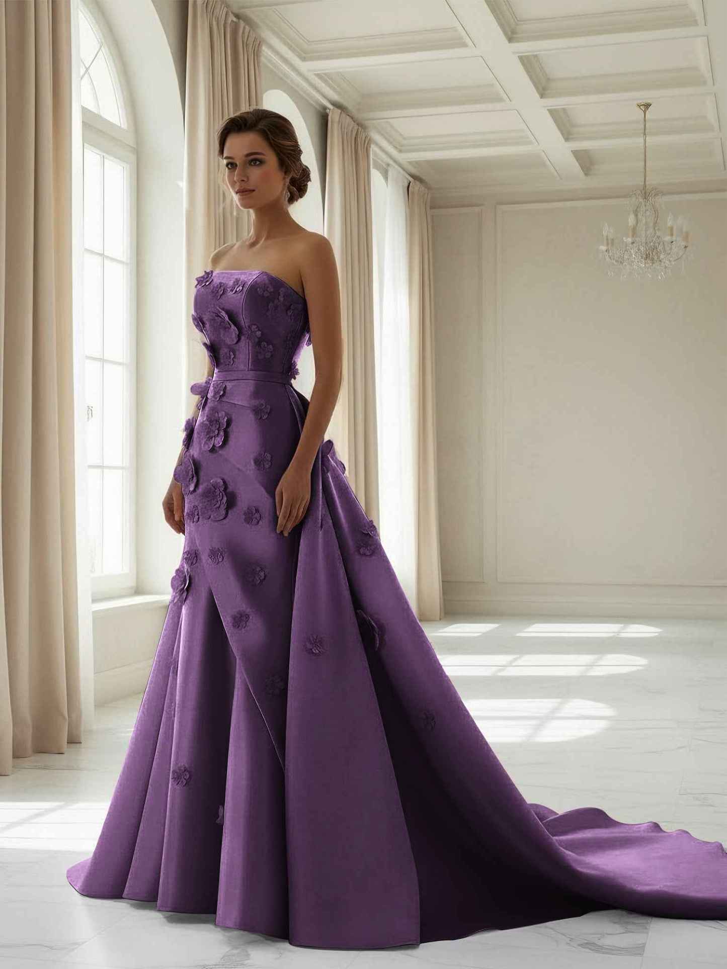 Pink A Line Satin Strapless Prom Dress with 3D Floral Appliques