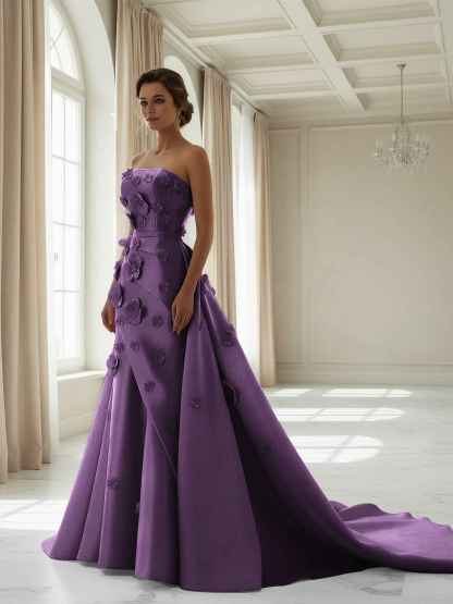 Pink A Line Satin Strapless Prom Dress with 3D Floral Appliques