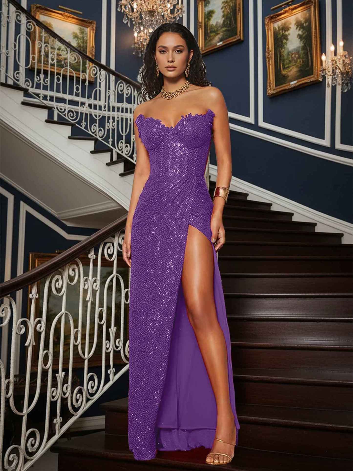 Sequin Strapless Sweetheart Long Prom Dress with High Slit