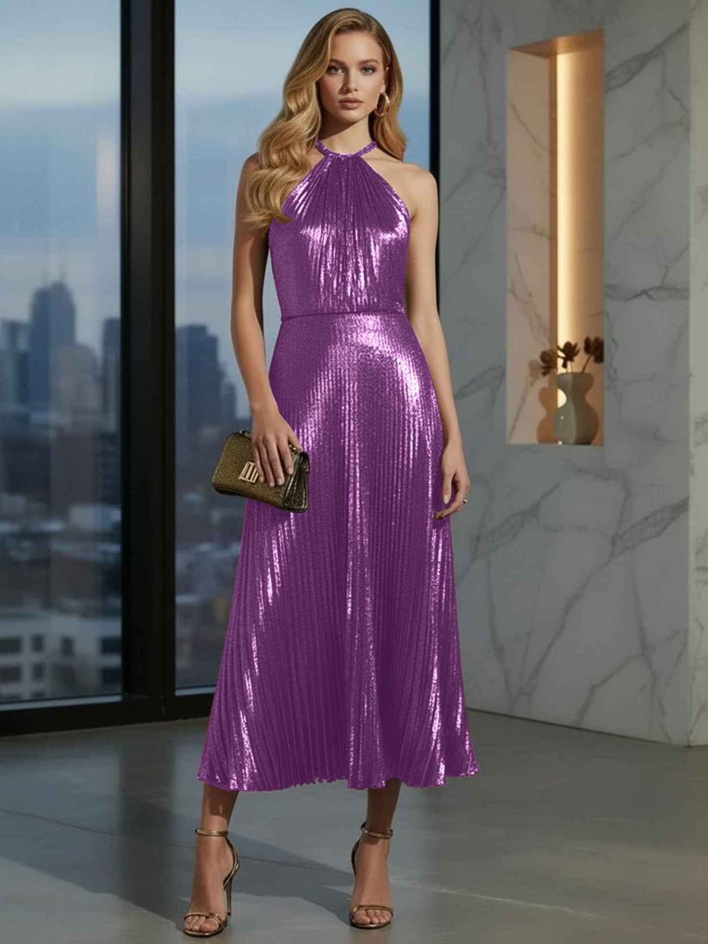 Luxurious Champagne-Gold Pleated Halter Midi Prom Dress