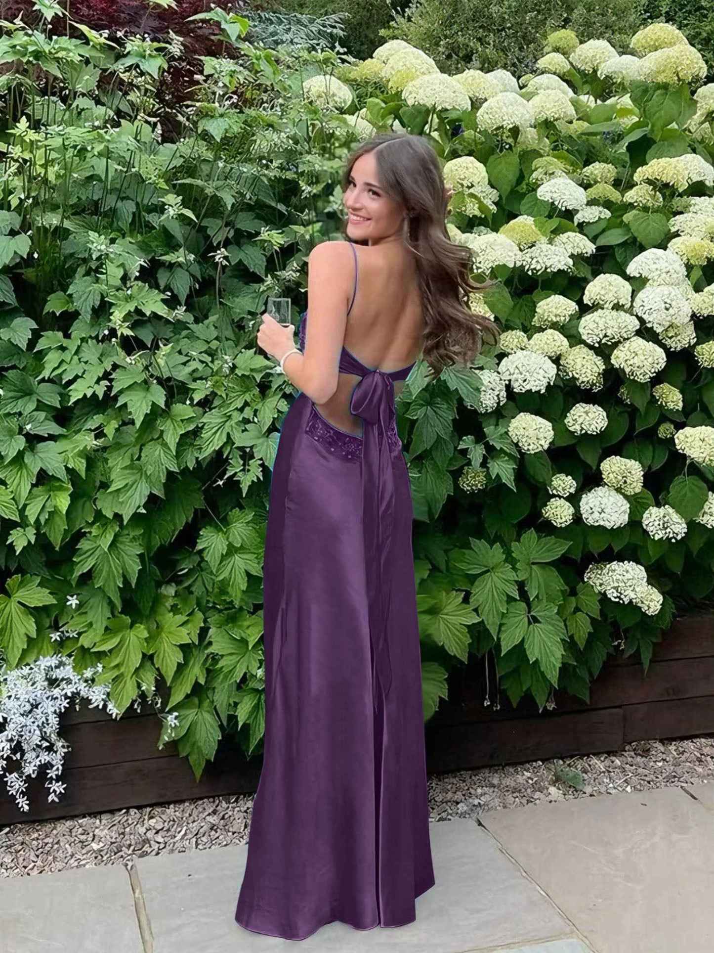 Blue A Line V-neck Beaded Back Tie Long Prom Dress