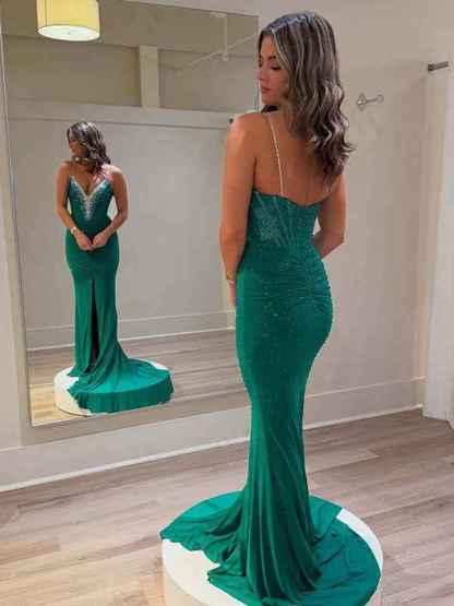 Green Mermaid Strapless Beaded Long Prom Dress with Slit