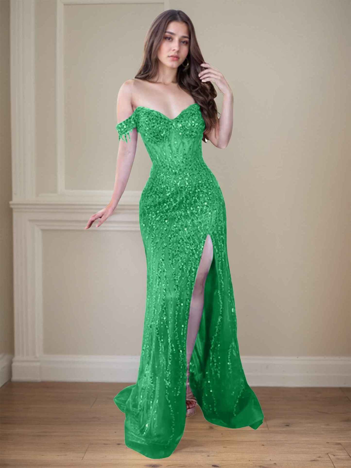 Red Off-the-Shoulder Beaded Tulle Long Prom Dress with Swirling Sequins