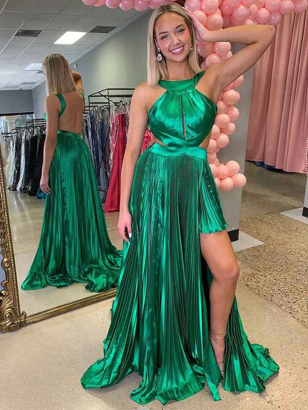 Green A-Line Halter Pleated Satin Long Prom Dress with Slit