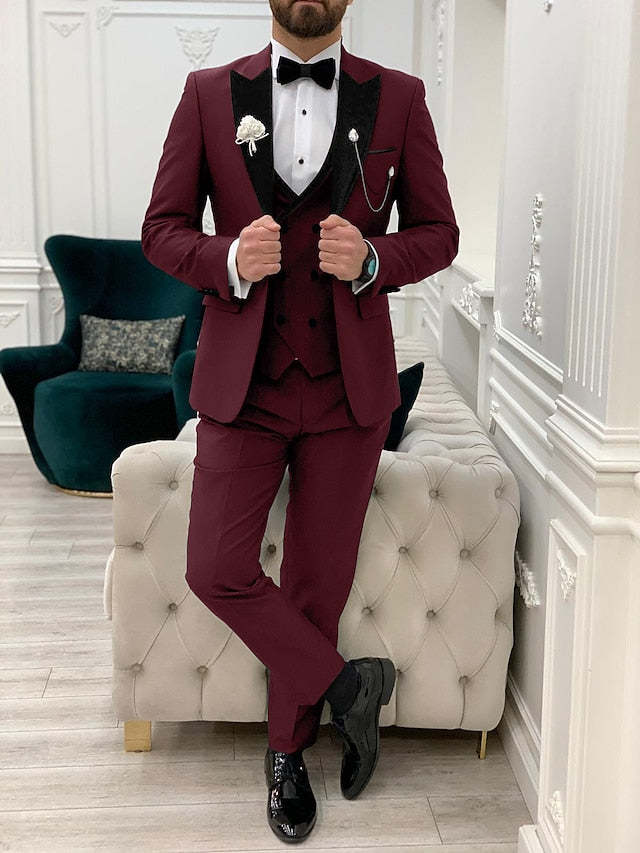 Single-Breasted One-Button Tailored Fit 3-Piece Wedding Suit For Men In Solid Colors