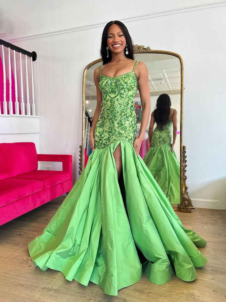 Green Mermaid Satin Sequin Beaded Long Prom Dress with Slit