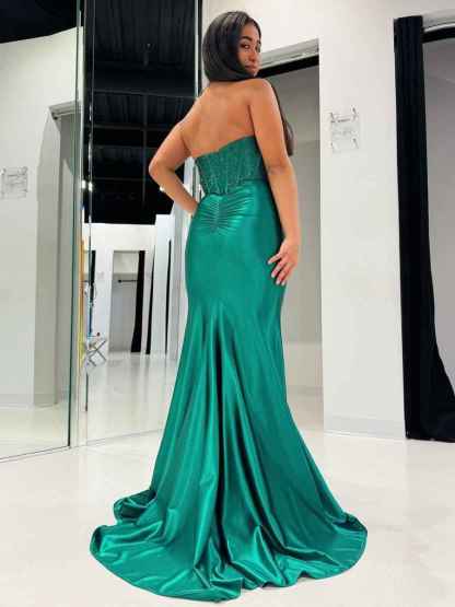 Blue Mermaid Spaghetti Straps Beaded Sweetheart Long Prom Dress with Slit