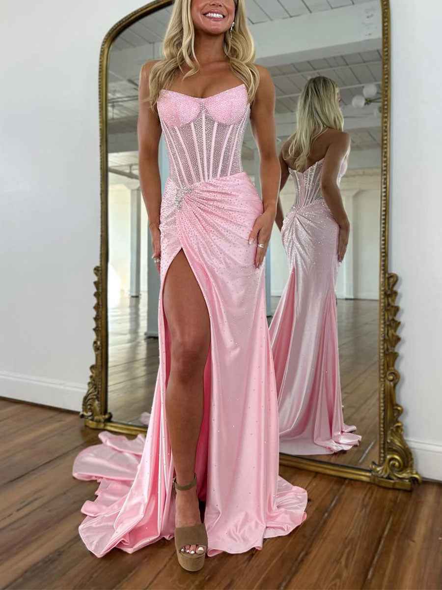 Green Mermaid Strapless Corset Beaded Prom Dress with Slit