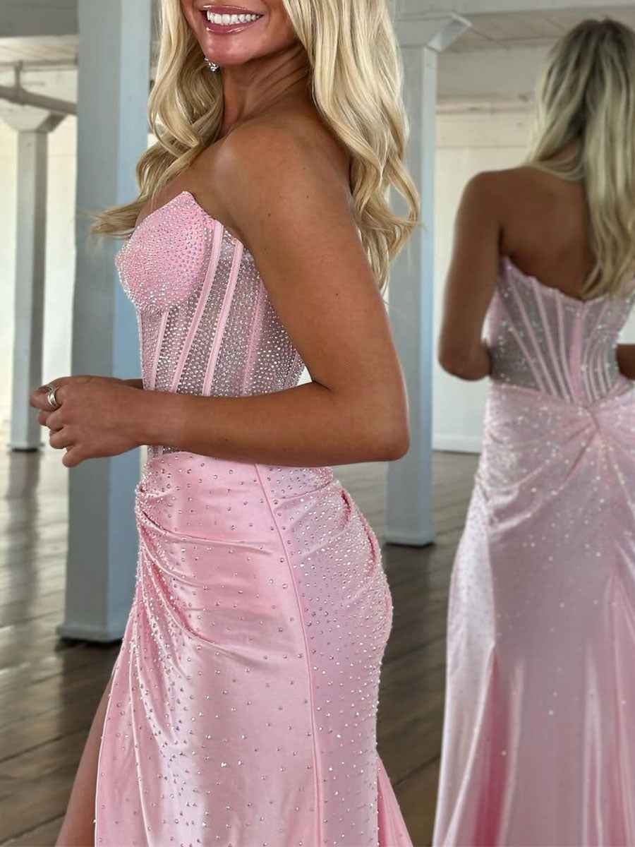 Green Mermaid Strapless Corset Beaded Prom Dress with Slit