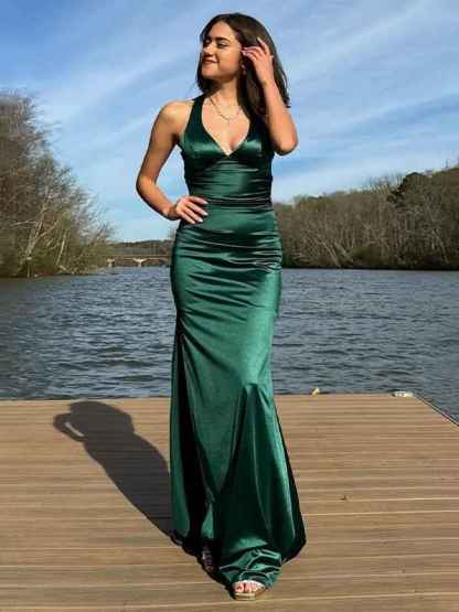 Ink Blue Mermaid V-Neck Criss-Cross Back Long Prom Dress