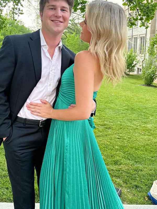 Green Spaghetti Straps Pleated A-Line Empire-Waist Formal Prom Dress
