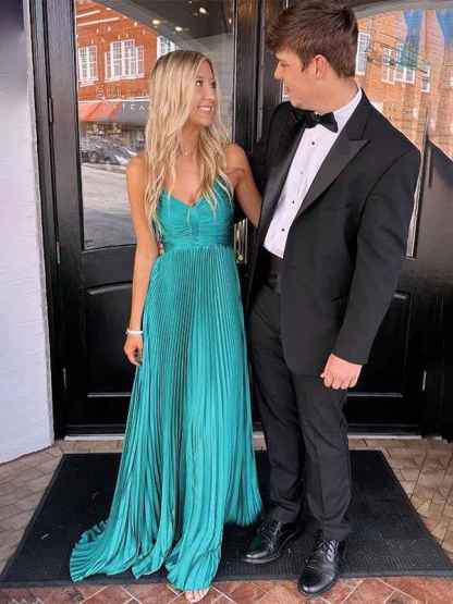 Green Spaghetti Straps Pleated A-Line Empire-Waist Formal Prom Dress