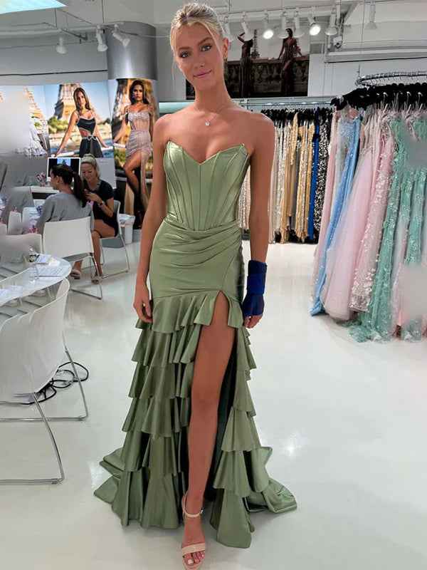 Green Mermaid Strapless Pleated Tiered Long Prom Dress with Slit