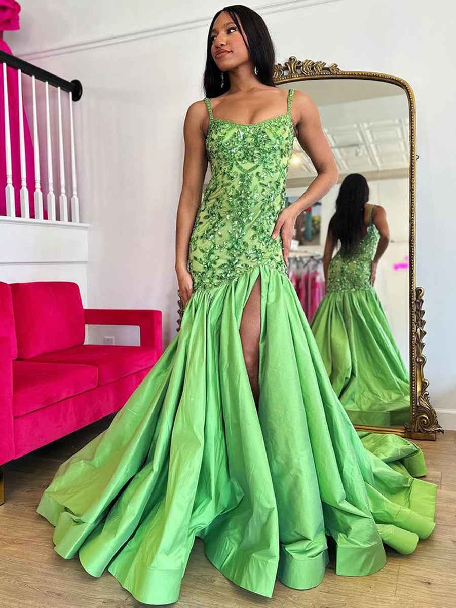 Green Mermaid Satin Sequin Beaded Long Prom Dresses with Slit