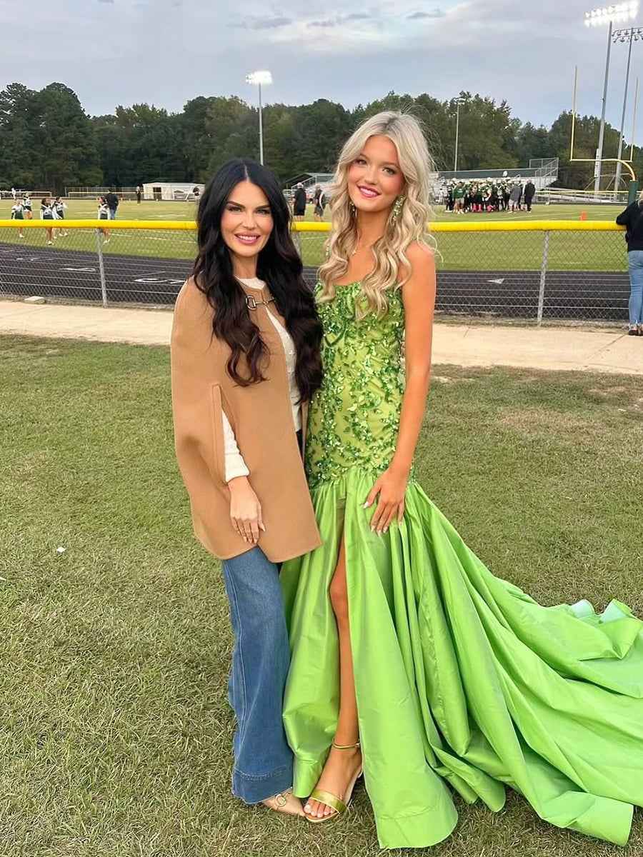 Green Mermaid Satin Sequin Beaded Long Prom Dress with Slit