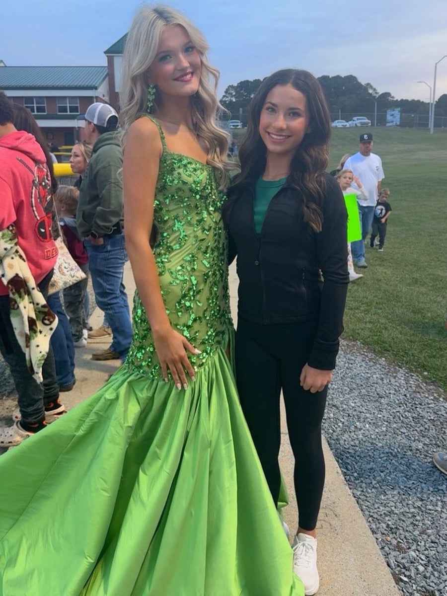 Green Mermaid Satin Sequin Beaded Long Prom Dress with Slit