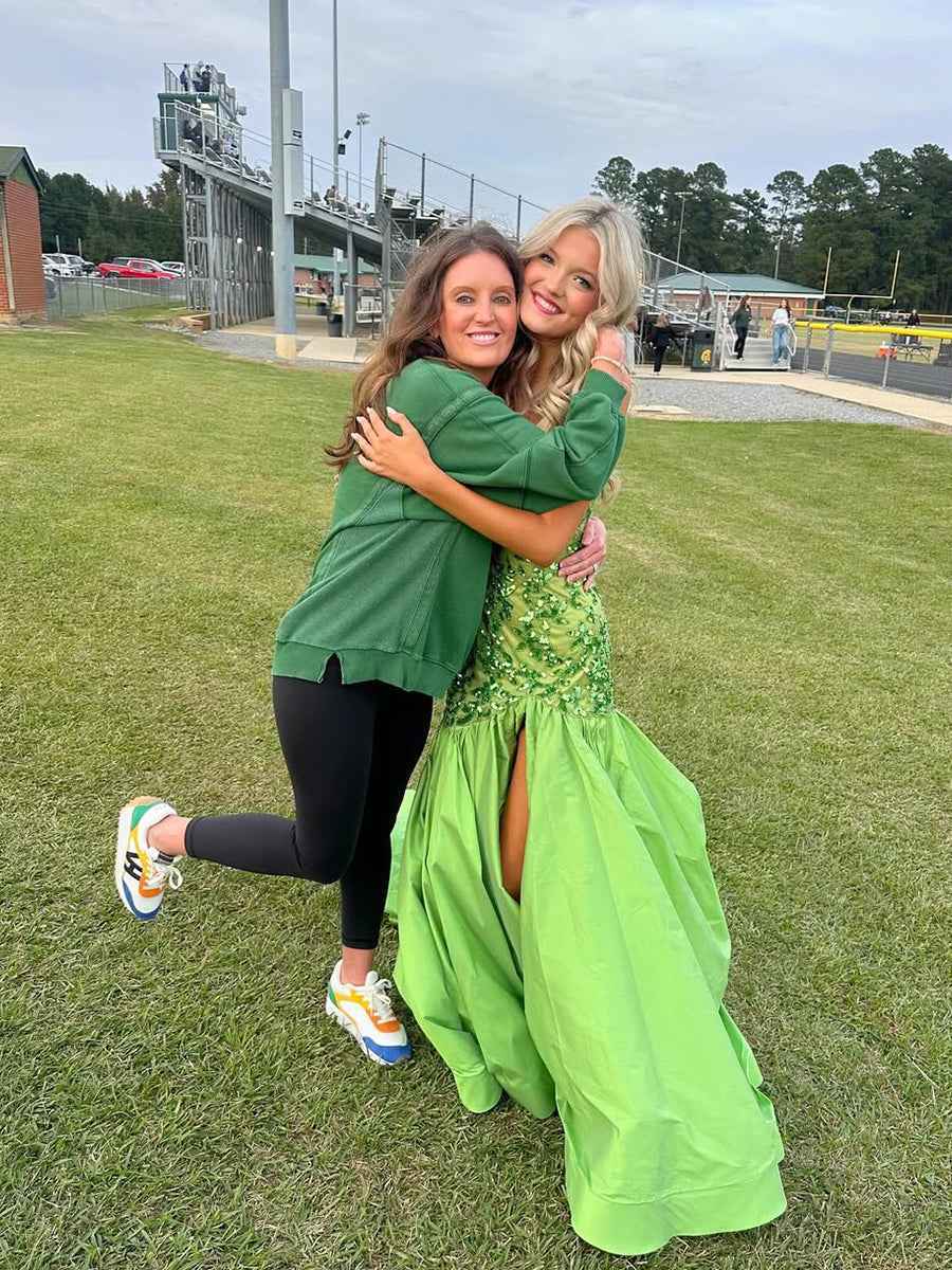 Green Mermaid Satin Sequin Beaded Long Prom Dress with Slit