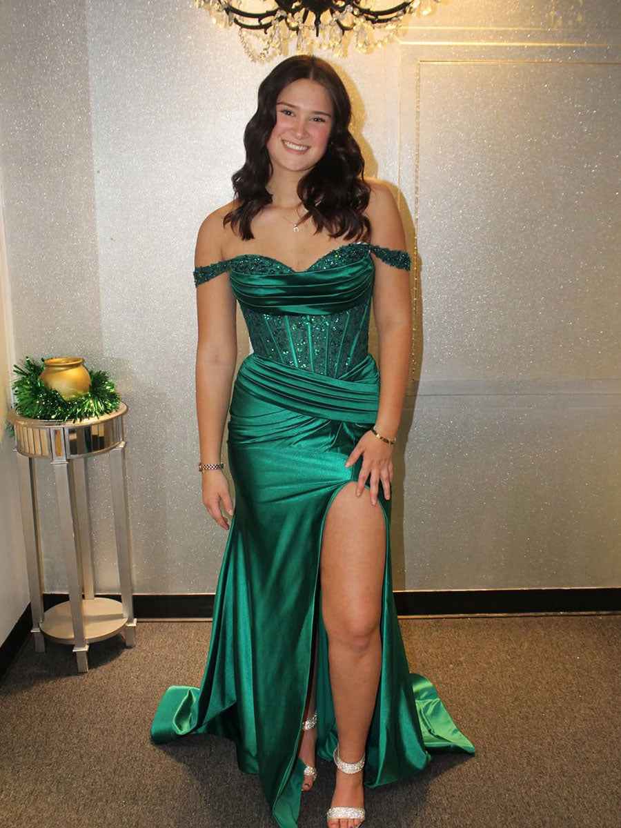 Green Off the Shoulder Mermaid Sequins Long Prom Dress with Slit