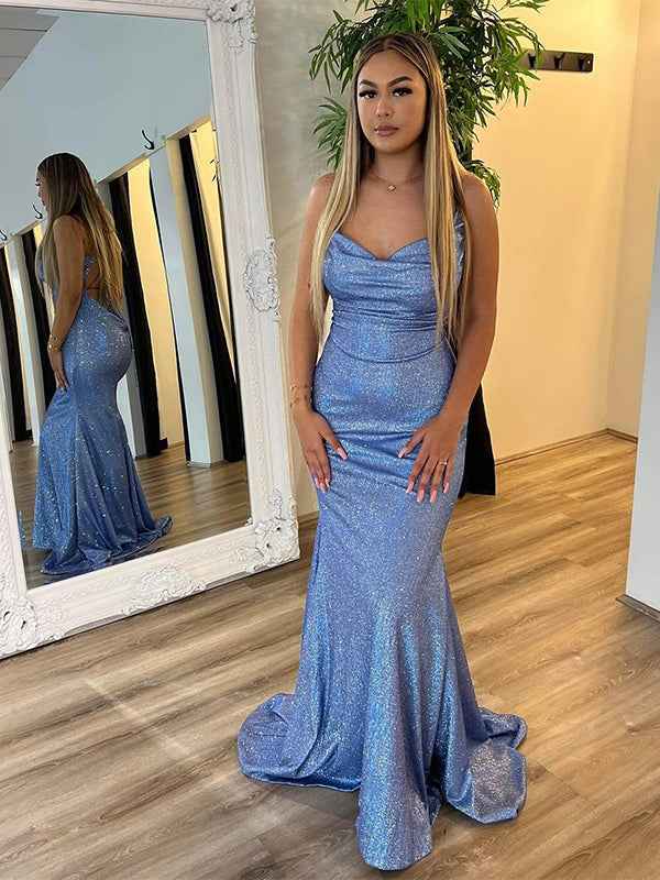 Grey Blue Mermaid Spaghetti Straps Sequins Long Prom Dress with Criss Cross Back