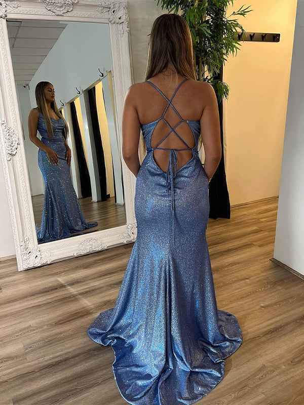 Grey Blue Mermaid Spaghetti Straps Sequins Long Prom Dress with Criss Cross Back