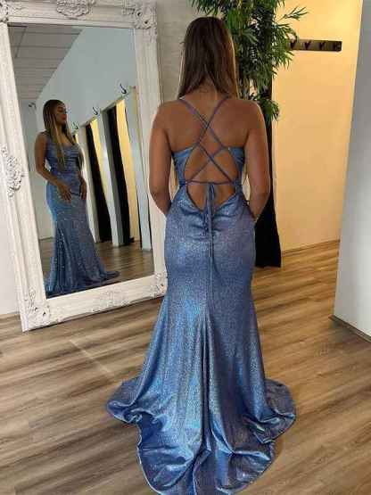 Grey Blue Mermaid Spaghetti Straps Sequins Long Prom Dress with Criss Cross Back