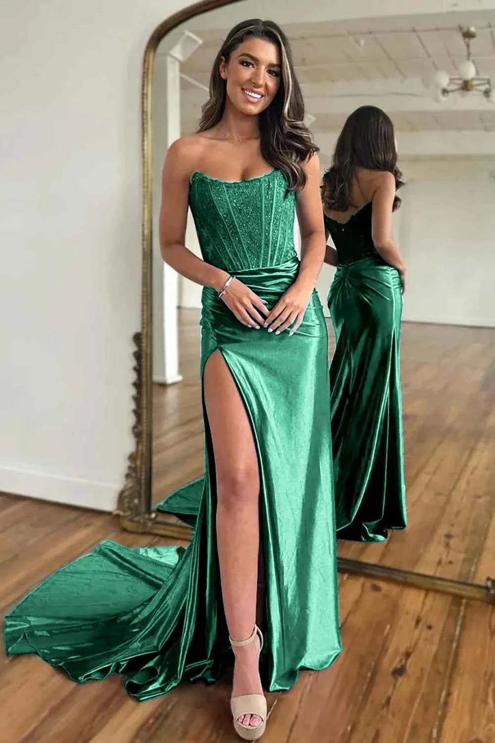 Fuchsia Strapless Corset Mermaid Long Satin Prom Dress with Slit