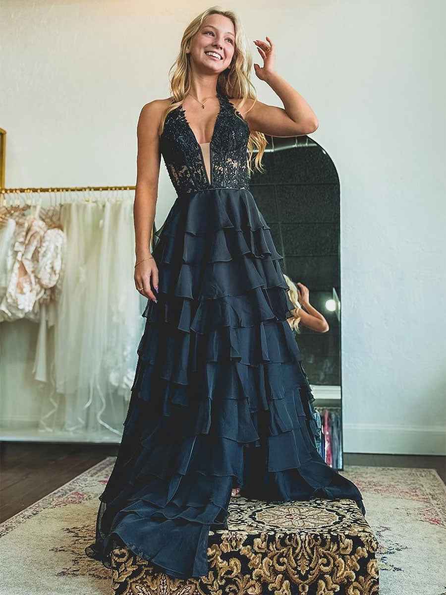 Halter Lace Appliques Chiffon Ruffle Prom Dress with Slit