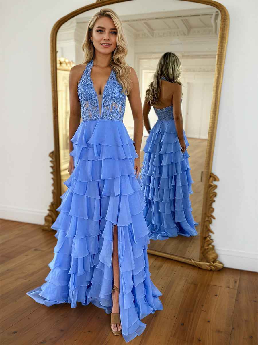 Halter Lace Appliques Chiffon Ruffle Prom Dress with Slit