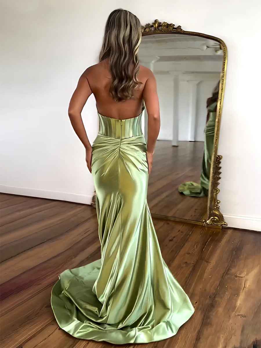 Halter Mermaid Satin Pleated Long Prom Dress