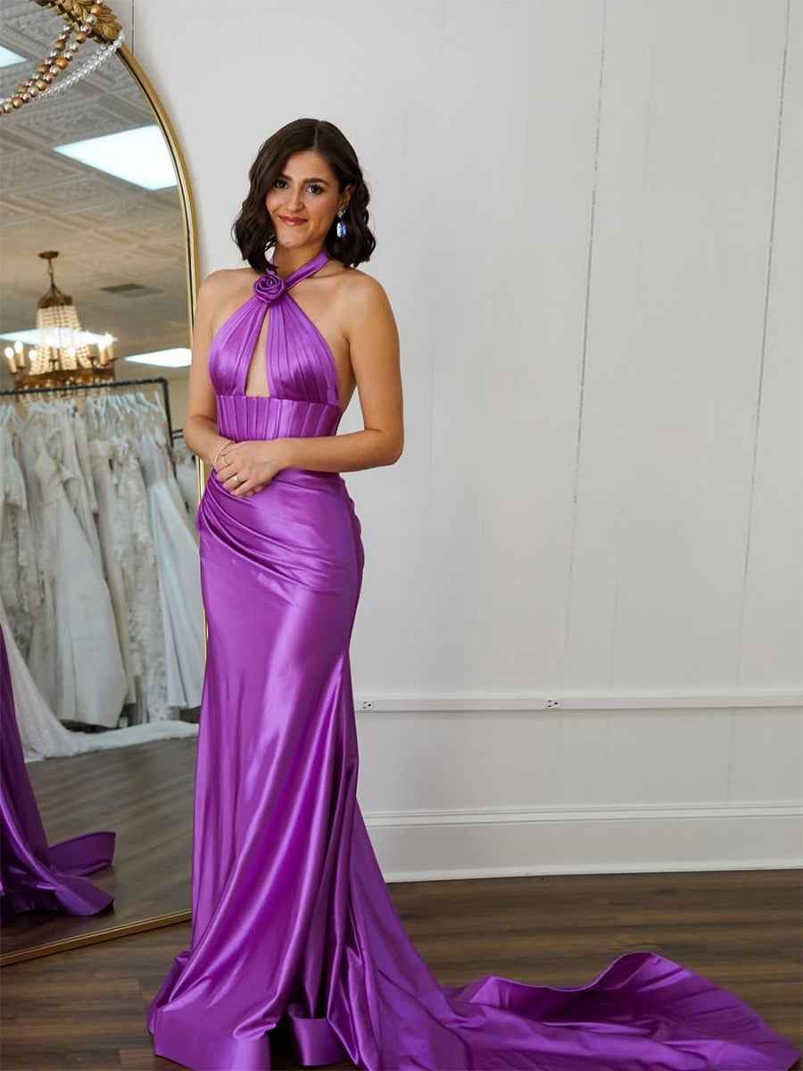 Halter Mermaid Satin Pleated Long Prom Dress