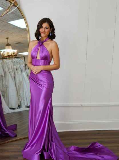 Halter Mermaid Satin Pleated Long Prom Dress