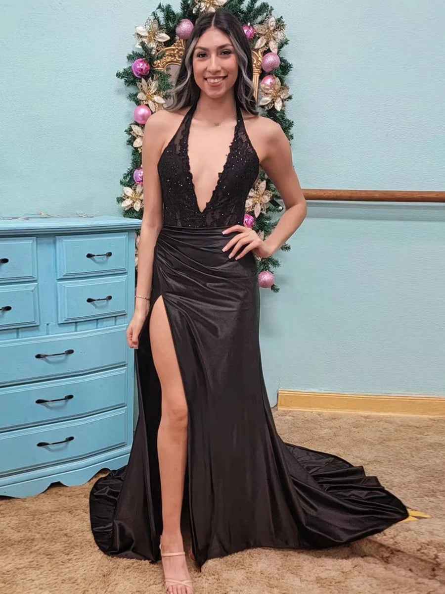 Halter Fitted Lace Bodice Long Prom Dress with Slit