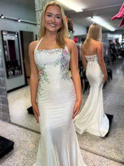 Halter Lace-Up Back Prom Dress with Floral Embroidered Bodice