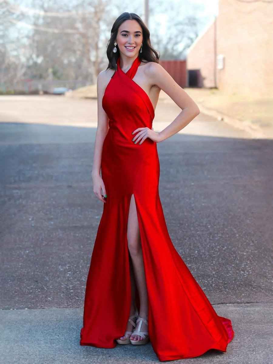 Halter Neck Satin Mermaid Long Prom Dress with Slit