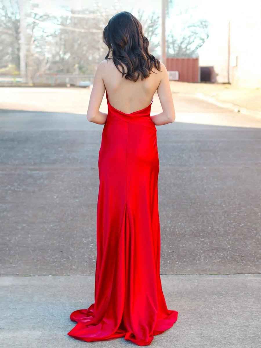 Halter Neck Satin Mermaid Long Prom Dress with Slit