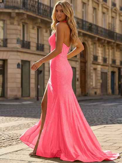 Yellow Beaded Halter Corset Prom Dress with High Slit