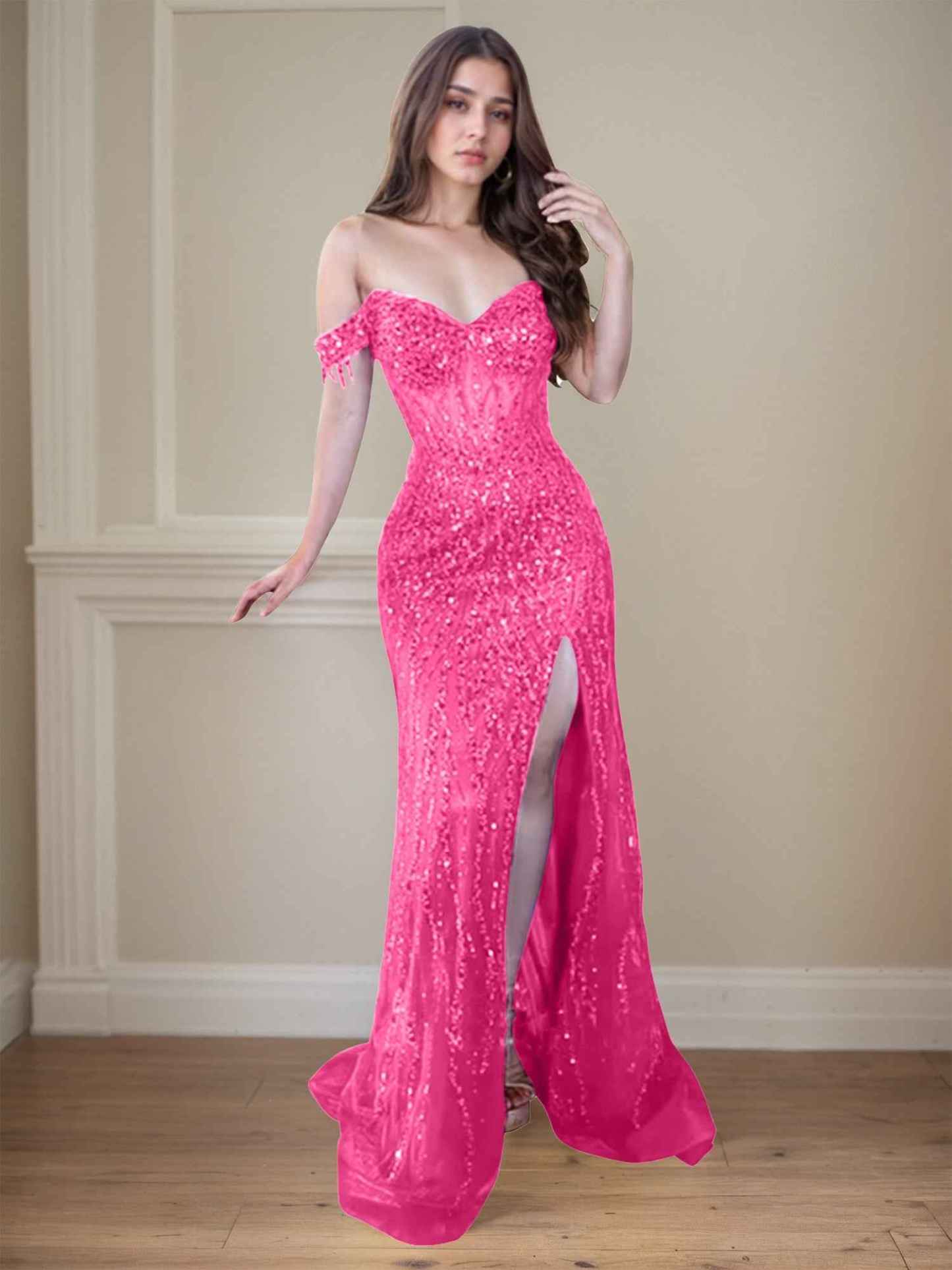 Red Off-the-Shoulder Beaded Tulle Long Prom Dress with Swirling Sequins