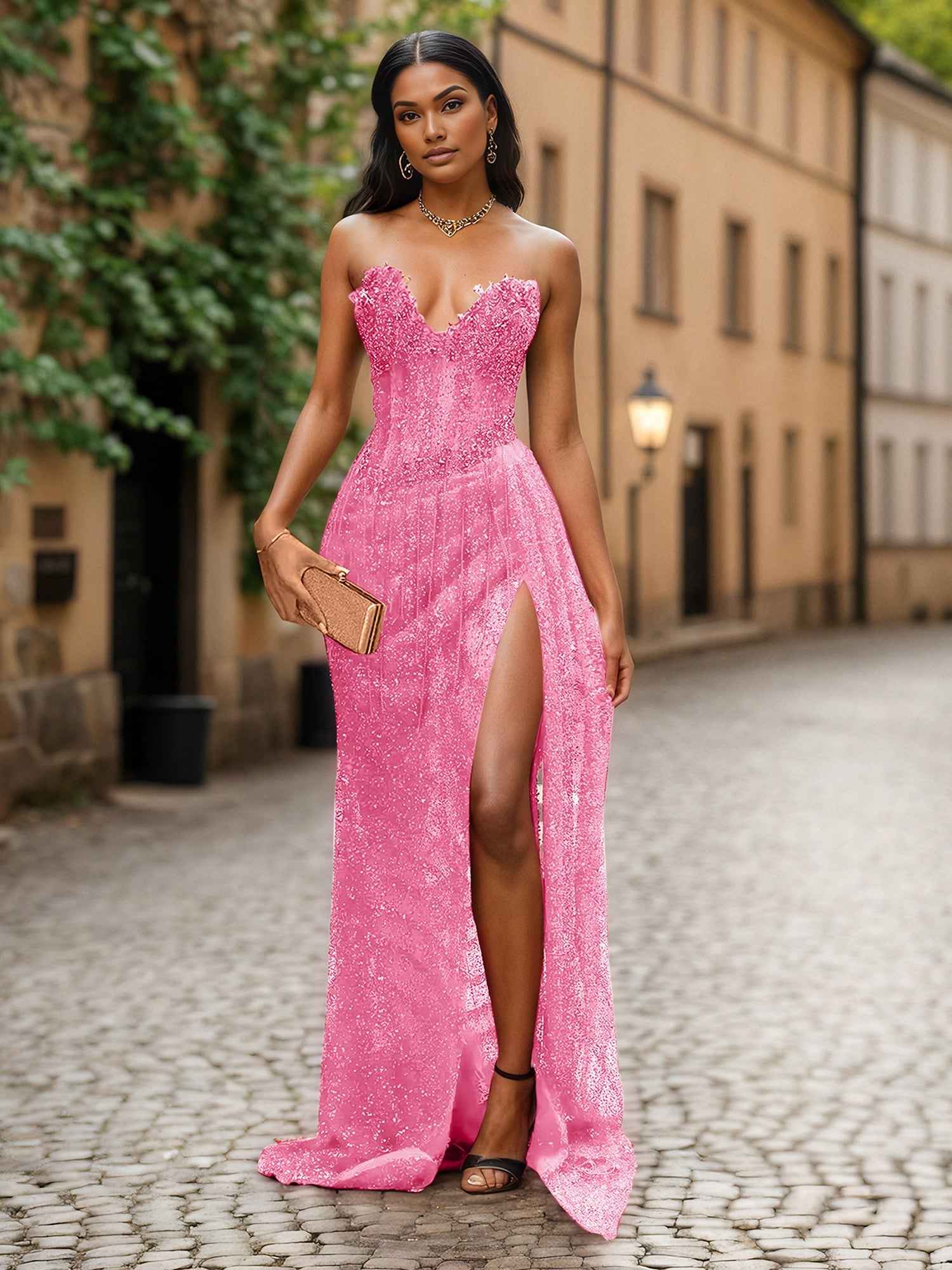 Red Strapless Beaded Fringe Waist Sequin Prom Dress with High Slit