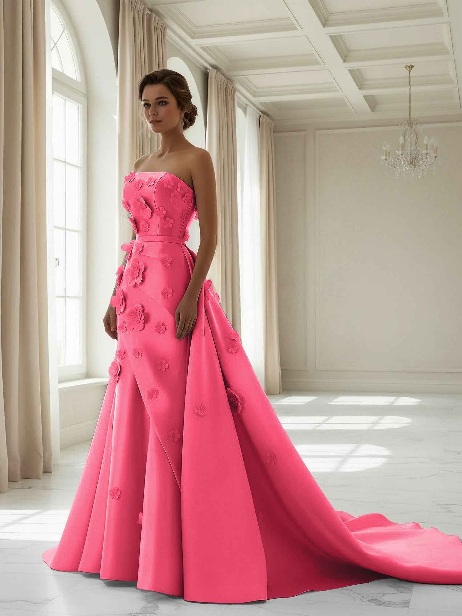 Pink A Line Satin Strapless Prom Dress with 3D Floral Appliques