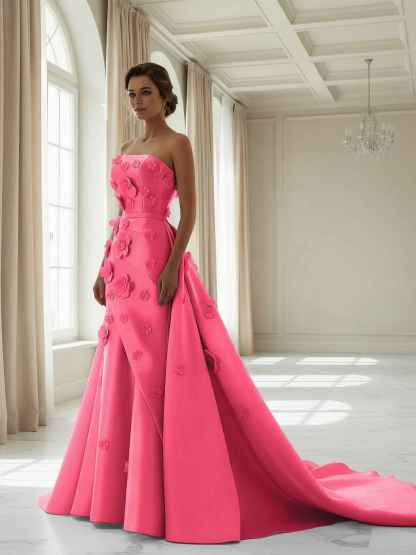 Pink A Line Satin Strapless Prom Dress with 3D Floral Appliques