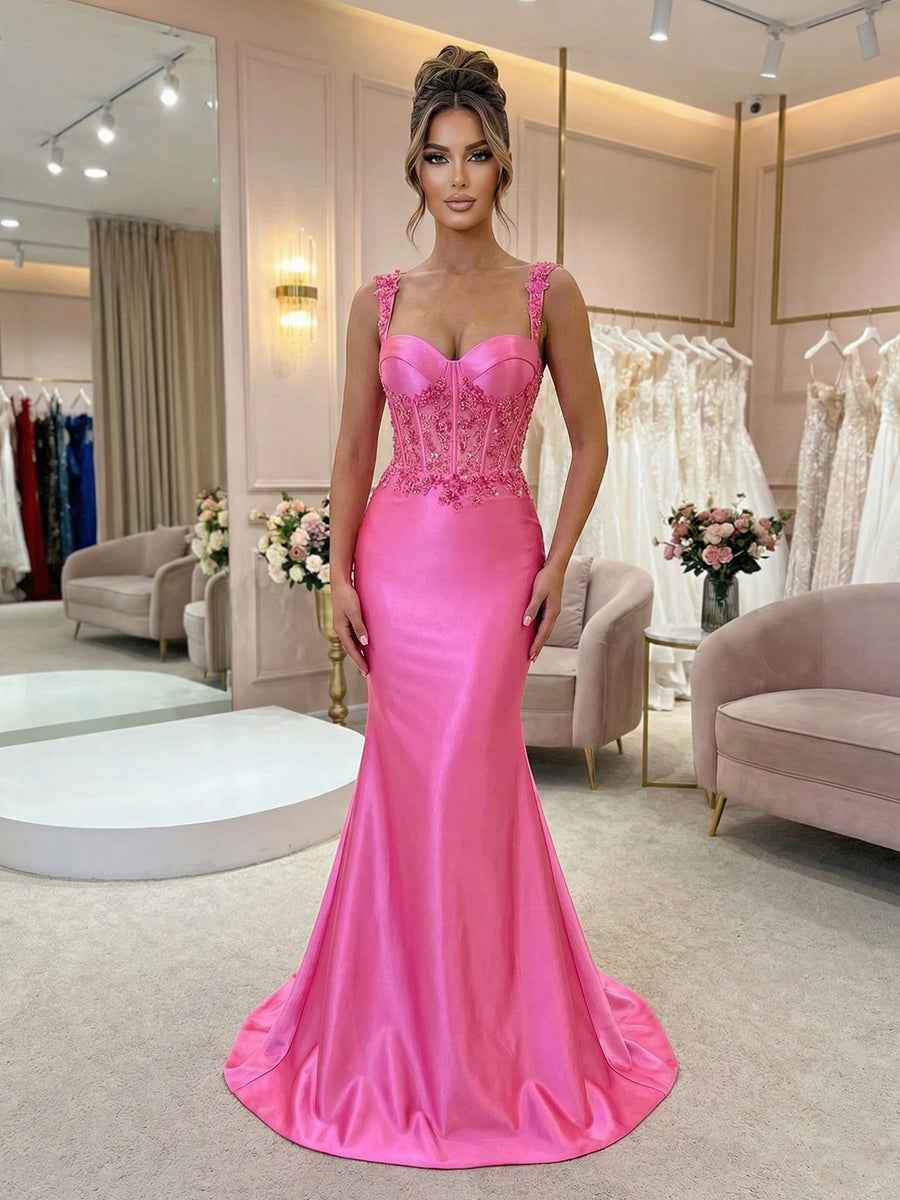 Hot Pink Floral Lace Satin Corset Mermaid Long Prom Dress