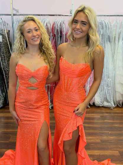 Hot Pink Mermaid Strapless Corset Bodice Long Prom Dress with Ruffle Slit