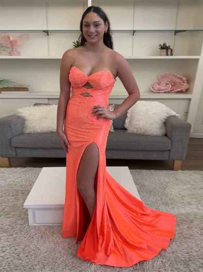 Hot Pink Mermaid Strapless Long Prom Dress with Beads