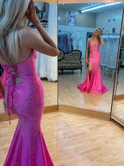 Hot Pink Mermaid Strapless Long Prom Dress with Beads