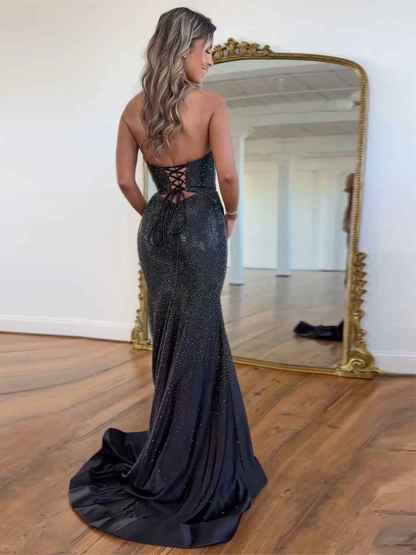 Hot Pink Mermaid Strapless Long Prom Dress with Beads