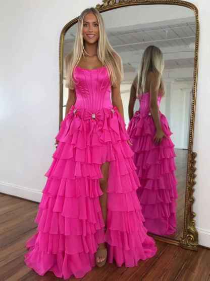 Princess Strapless Tiered A-Line Long Prom Dress with Slit