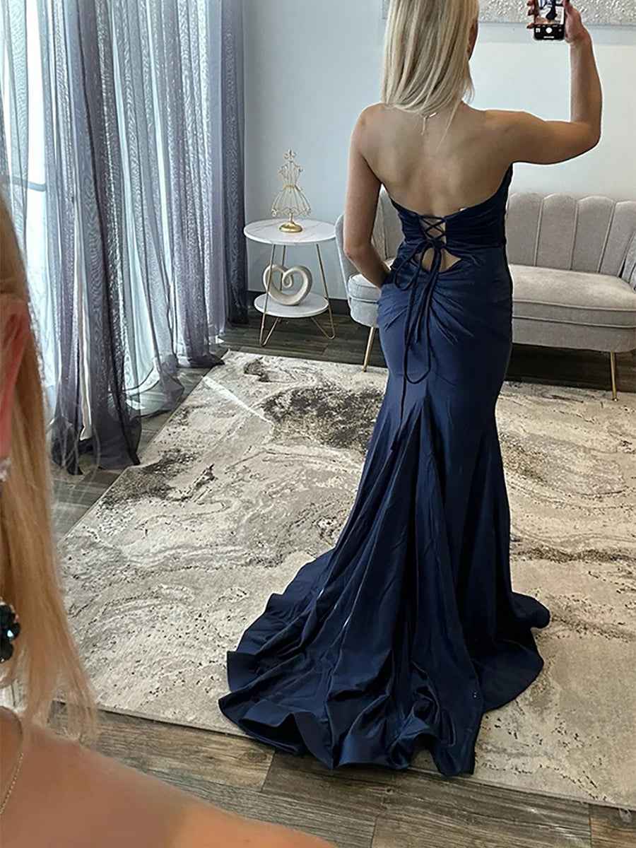 Hot Pink Satin Strapless Long Cutout Prom Dress with Slit