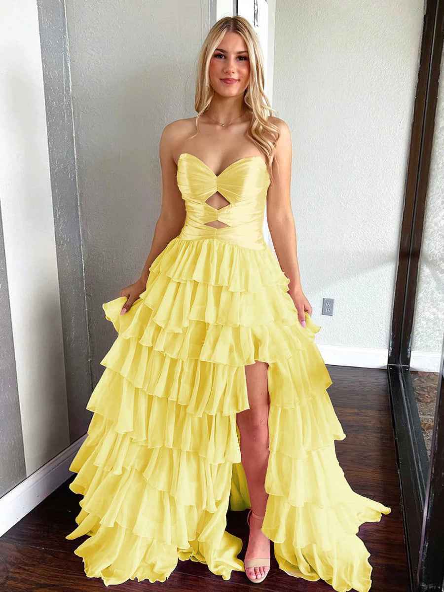 Hot Pink Strapless Cutout Tiered Ruffle Long Prom Dress with Slit