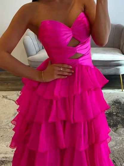 Hot Pink Strapless Cutout Tiered Ruffle Long Prom Dress with Slit