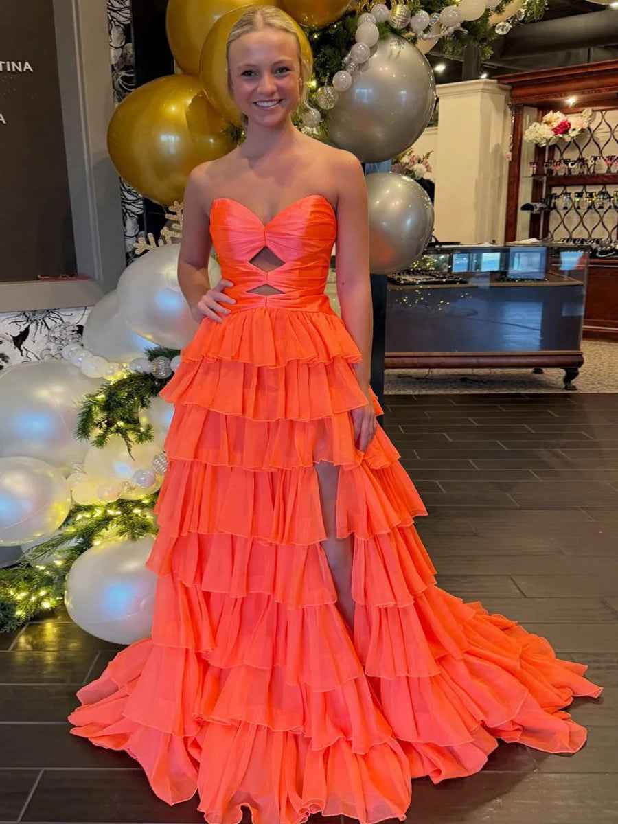 Hot Pink Strapless Cutout Tiered Ruffle Long Prom Dress with Slit